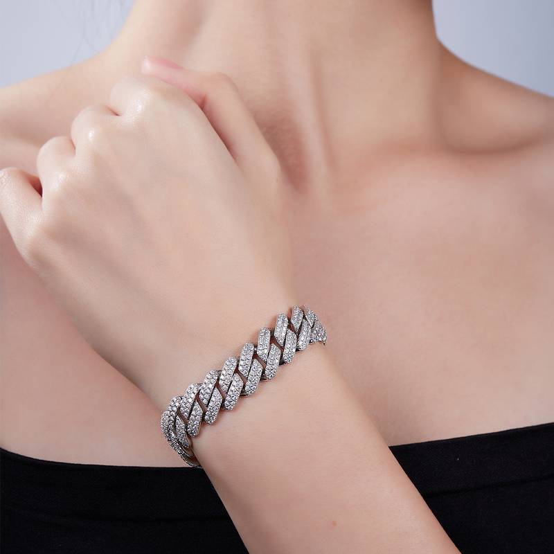 14mm宽Cuban ChainS925银镶Moissanite厘石圆形白色DVVS